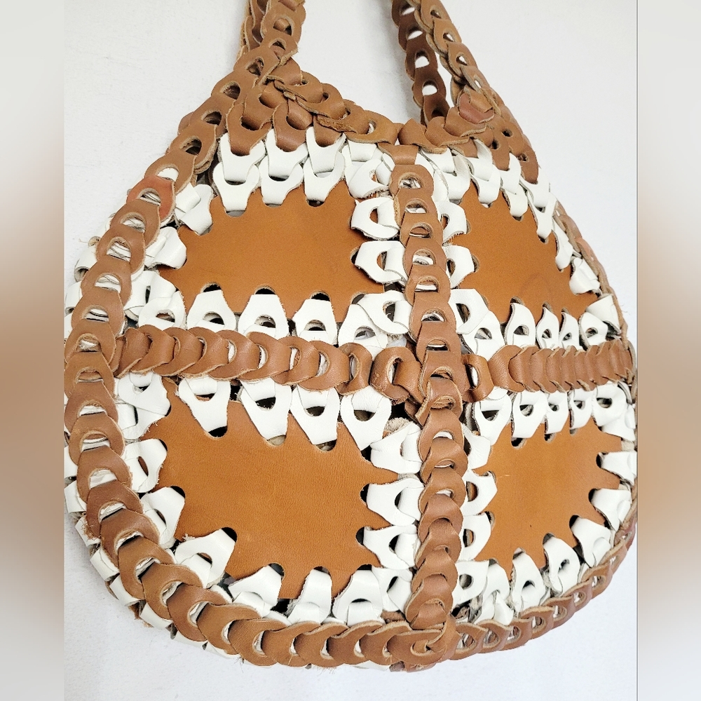 Genuine Braided Leather Boho Chic Hobo Bag Two-Tone Cognac/White - Picture 5 of 13